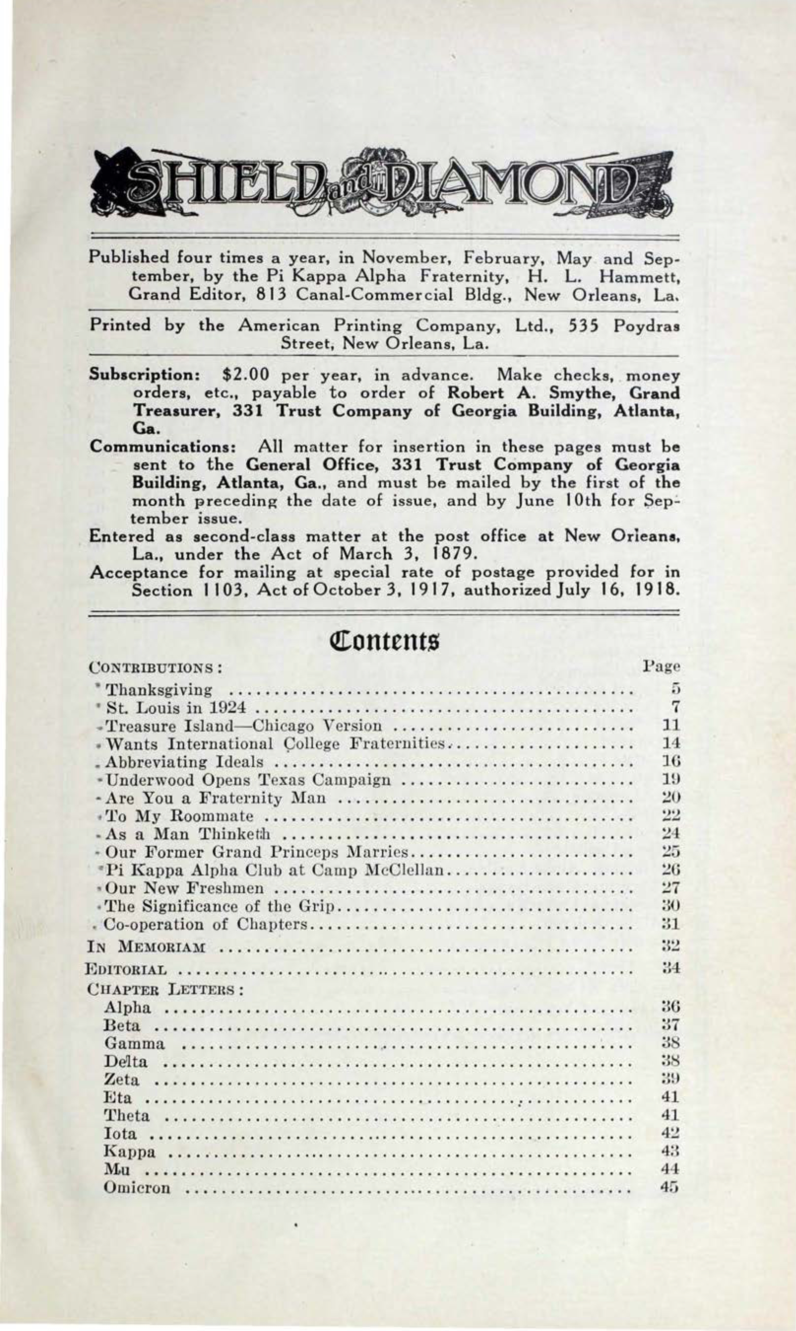 Shield and Diamond, Vol. 33, No. 1, November 1923